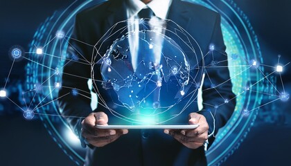 Digital marketing, internet network connection, global business. Businessman using digital tablet computer connecting the internet with online marketing, data exchange.
