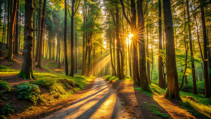 Obraz premium Warm sunlight filters through towering trees, casting dappled shadows on a winding forest trail, evoking feelings of adventure and freedom in a serene natural setting.