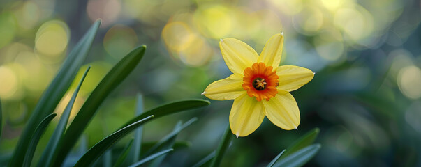 Obraz premium Single yellow daffodil with orange center in