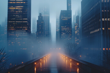 Empty bridge leading to foggy city skyline at night