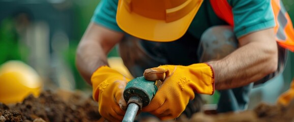 A Builder In Safety Gloves Filling An Excavator With Diesel Fuel On A Building Site, Showcasing Safety And Preparation