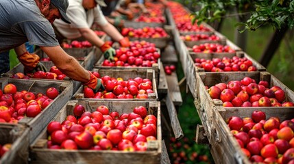 Workers hand-picking fresh red apples and placing them into wooden crates on a farm, showcasing the harvest process on a sunny day.
