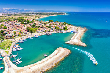 Aerial top drone view of ancient Side town, Antalya Province in Turkey