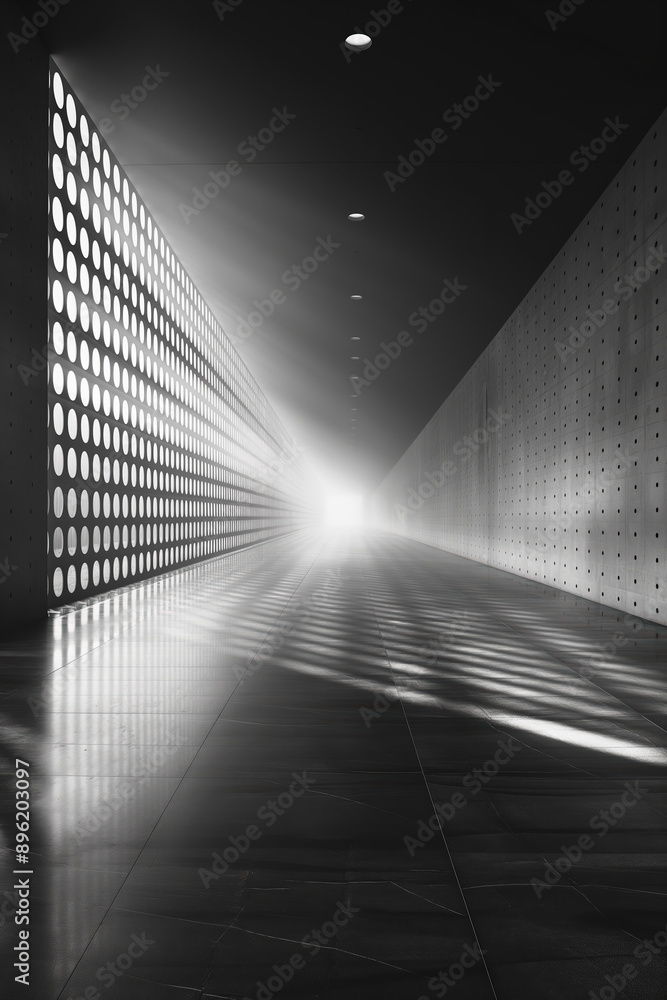 Poster light shining at the end of empty modern concrete corridor