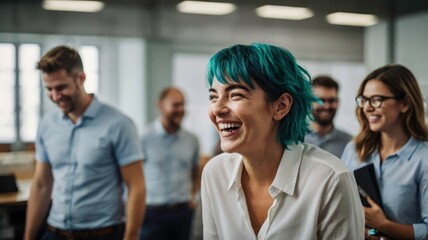 Obraz premium Teal-haired woman in office team building, laughing and relaxed with blur colleagues