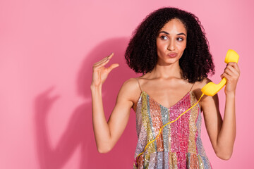 Photo of attractive young woman blah hand gesture retro phone call dressed stylish sequins clothes...