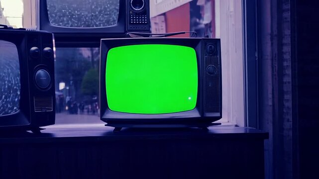 Pushing towards a vintage television set in a pile of vintage television sets all broadcasting static and garbage when the TV in focus switches to a chroma key green screen.