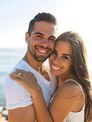 Obraz premium Beautiful young couple smiling on a summer day at the beach