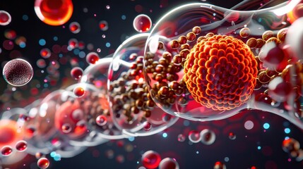 Close-up of a vibrant representation of cells and DNA in a scientific and medical context, showcasing intricate details and vivid colors.