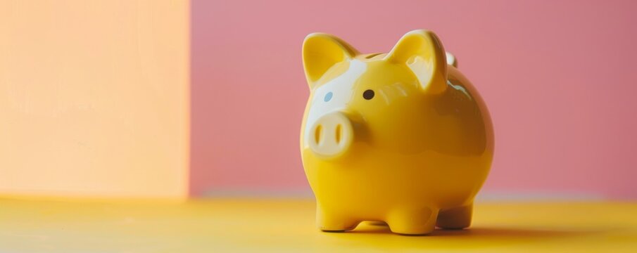 Yellow piggy bank on a colorful background