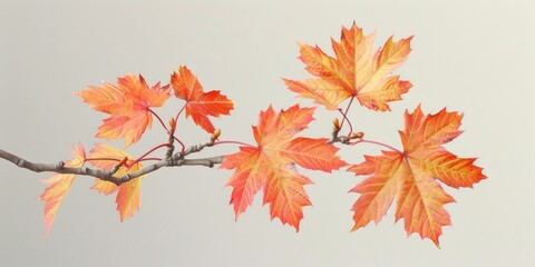 Fototapeta premium A cluster of vibrant maple leaves in autumn colors, arranged on a tree branch against a neutral background.