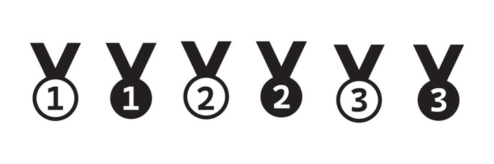 medal icon set, Medal sign with star. First, second, third place, sport award, top reward, winner and champion trophy, game prize and achievement, contest victory.