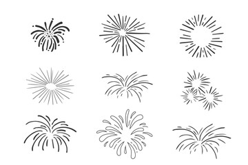 Obraz premium Set fireworks doodle line explosion radial sparkler with rays, hand drawn firecrackers simple and round decoration isolated on white background.