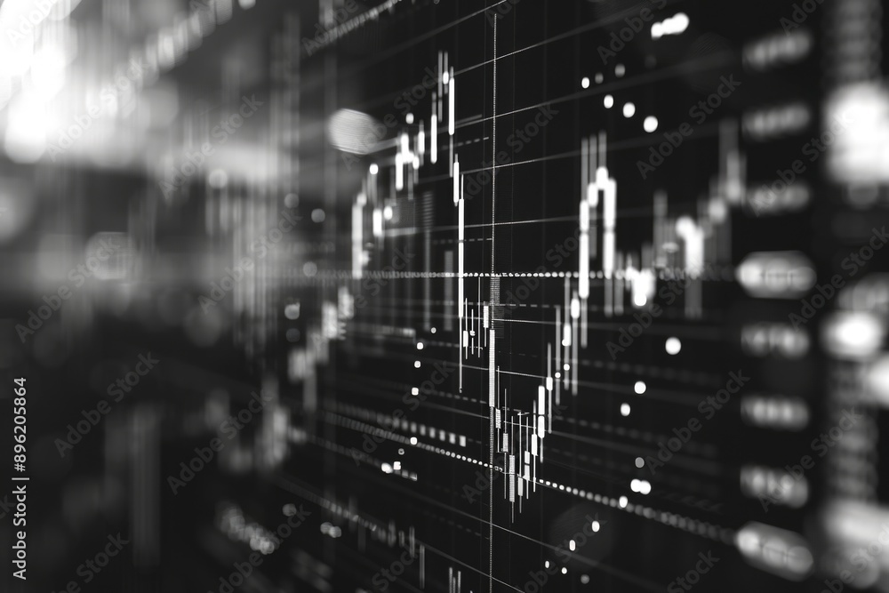 Poster monitor with financial graphs and charts. symbols of different companies on a screen.