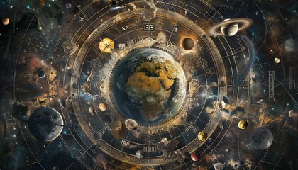 A swirling ballet of planets and celestial bodies pirouette across the cosmos