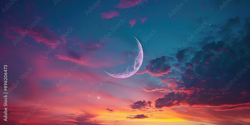 Aufkleber the image features a vivid sunset with clouds and the moon visible in the sky.