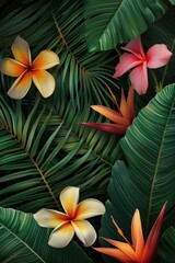 Fototapeta premium Tropical flowers on palm trees in a sunny beach setting.