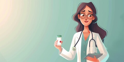 Cartoon image of a female doctor with prescription pad, holding pen and clipboard.