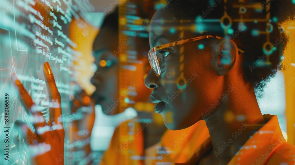 Poster a young woman working on a computer with multiple displays, engaged in detailed data analysis. she i