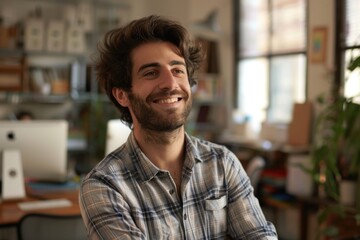 Obraz premium A man smiling at the camera in an office workspace.