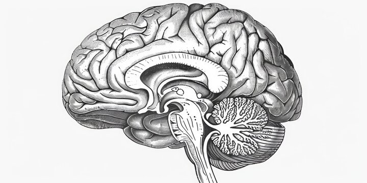 Anatomical illustration of human brain showing the cerebrum, brainstem, and cranial nerves.