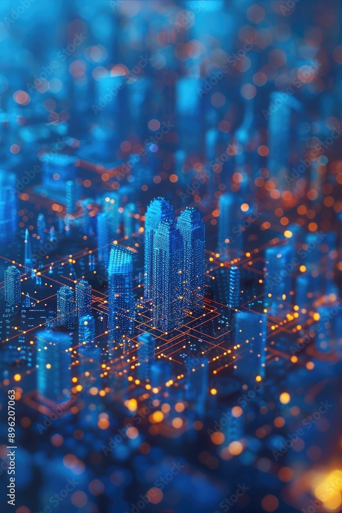 Poster high-tech digital city skyline with neon lights and data flow. buildings are overlaid with circuitry