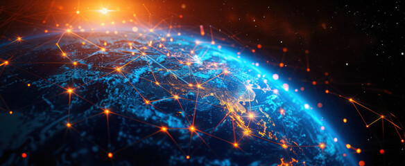 Obraz premium Communication technology for internet business. Global world network and telecommunication on earth cryptocurrency and blockchain and IoT.