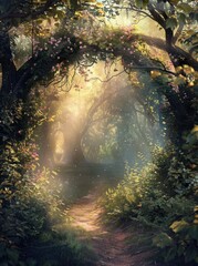Enchanted Forest Path with Blossoming Trees
