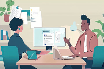 An illustration depicts two individuals participating in an online meeting. One person extends their hand, while the other person displays documents on the screen.