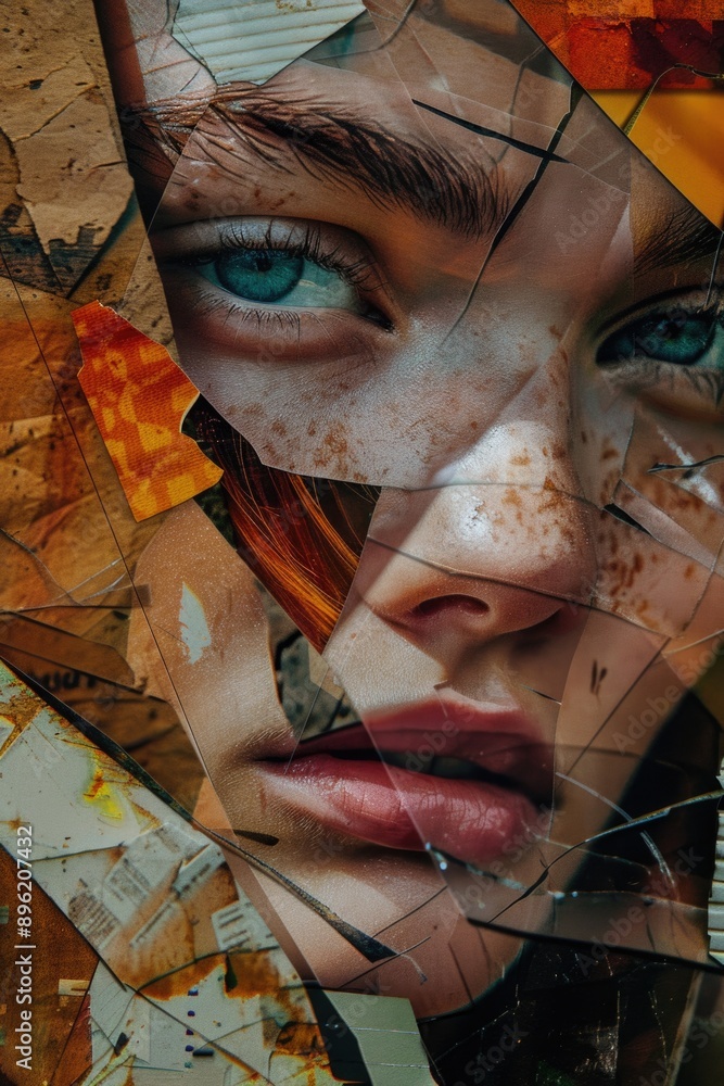 Poster surreal image of a face hidden behind broken tiles. creative and artistic concept.