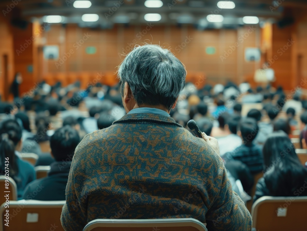 Poster older man wearing a patterned jacket and sitting in an audience during a conference or seminar. he i