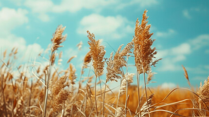 Obraz premium Calm and Peaceful Landscape with Dry Pampas Grass and Soft Brown Vegetation, Set Against a Natural Background with Light Blue Sky and Vintage Autumn Hues