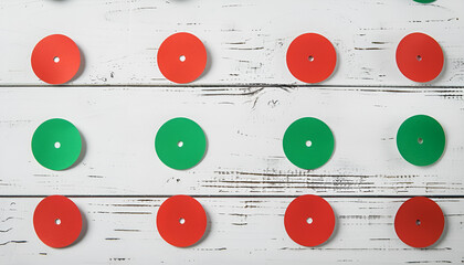 Red and green circles on white wooden background, flat lay. Pareto principle concept