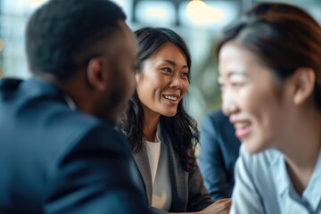 Obraz premium Diverse group of business professionals engaged in discussion, fostering a positive work environment.