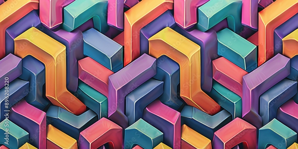 Poster vibrant geometric puzzle of colorful 3d cubes stacked in a fractal pattern.