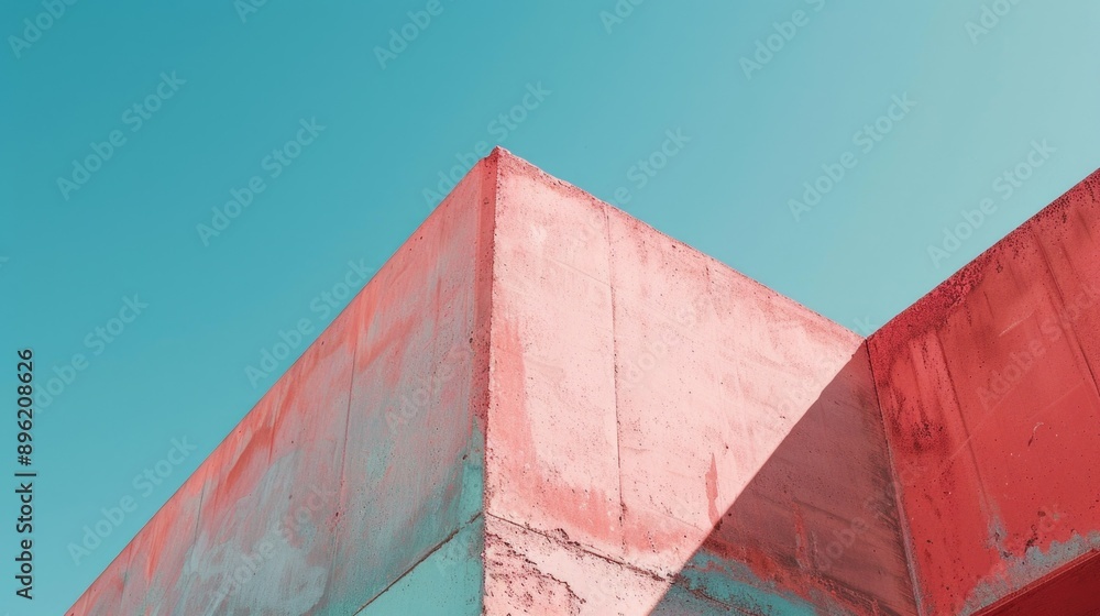 Poster An intriguing modern art installation featuring red geometric shapes and bricks. An example of creative urban architecture, this abstract display is set against the backdrop of a cityscape.