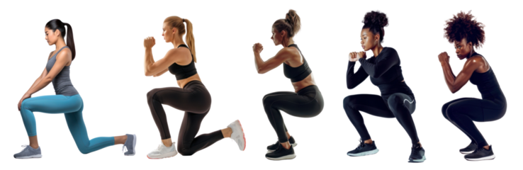 Sportive woman doing squat png cut out element set