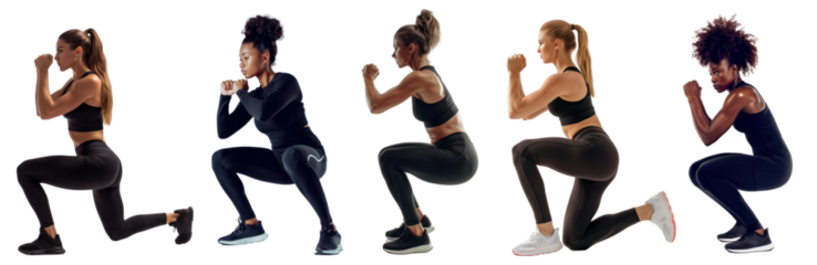 Sportive woman doing squat png cut out element set