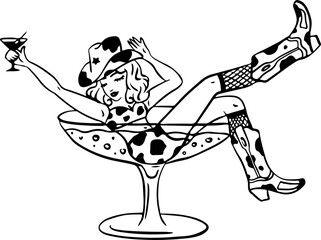 Cowgirl in Martini Glass. Bachelorette celebration icon.