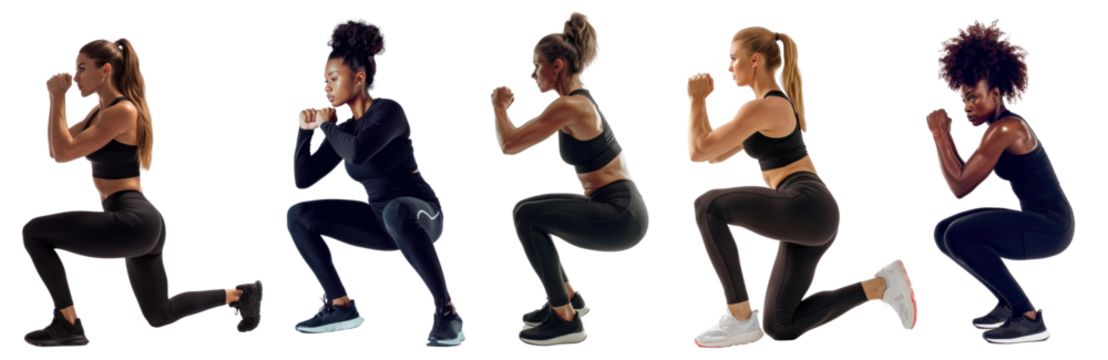 Sportive woman doing squat png cut out element set