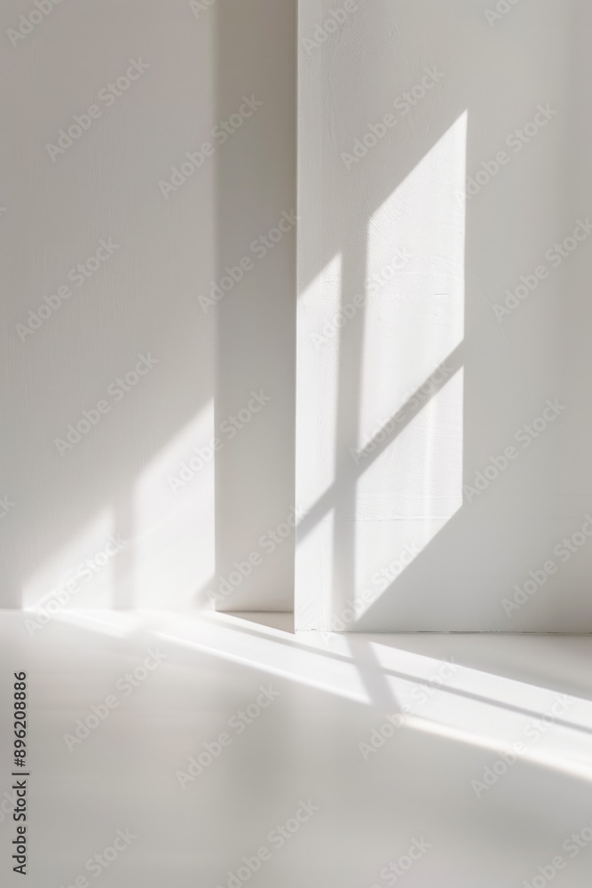 Poster a room with sunlight streaming through two windows, casting shadows and creating a bright atmosphere