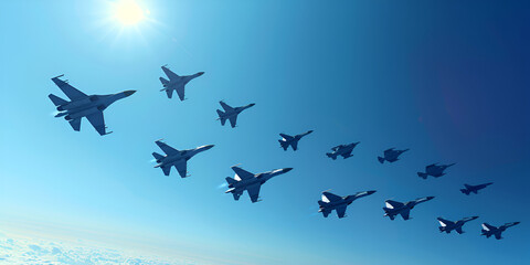 Fighter jets in the blue sky and clouds, generative AI
