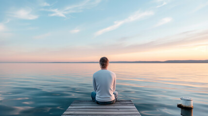 A person sits alone on a wooden dock, gazing at the calm lake during sunset.