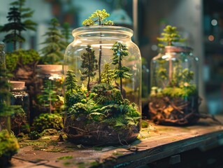Collection of intricately designed miniature landscapes in clear glass jars. Each jar contains a detailed model of terrain with various plants and trees, showcasing the artistic craftsmanship.