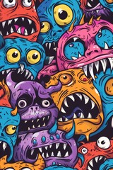 Fototapeta premium A group of vibrant creatures with prominent teeth, perfect for a playful or spooky theme