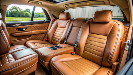 Empty back seat of a luxury vehicle featuring a rich tan leather interior with creased upholstery and a center console extending from the front seats.