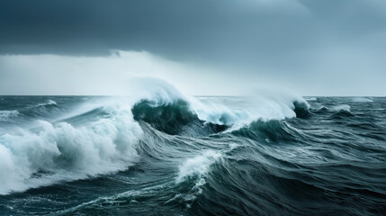 Fototapeta premium Powerful ocean waves crashing under a dark, cloudy sky, indicating rough sea conditions and stormy weather.