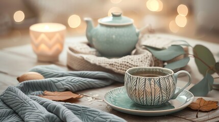 Fototapeta premium Cozy autumn tea setting with a ceramic teapot, cup, saucer, and candlelight ambiance, perfect for warm and serene moments.