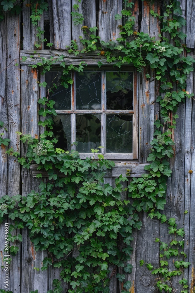 Poster a window with ivy growing out of it. the window is open and the ivy is covering the entire frame