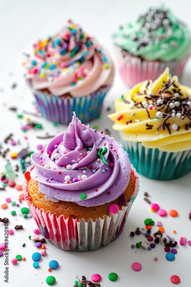 Poster a row of colorful cupcakes with frosting and sprinkles on top. the cupcakes are arranged in a row, w